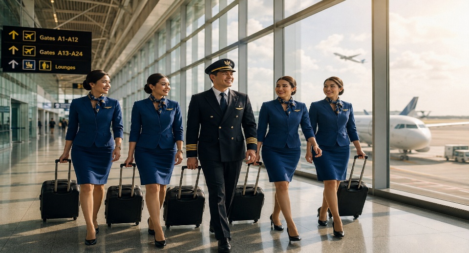 Airline flight and cabin crew at airport